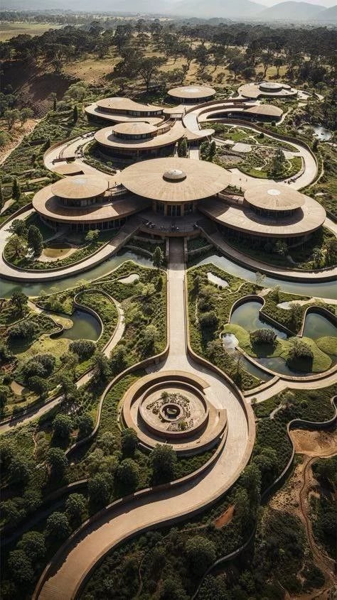 Aerial view of a near-city community woven into green hills and shared paths