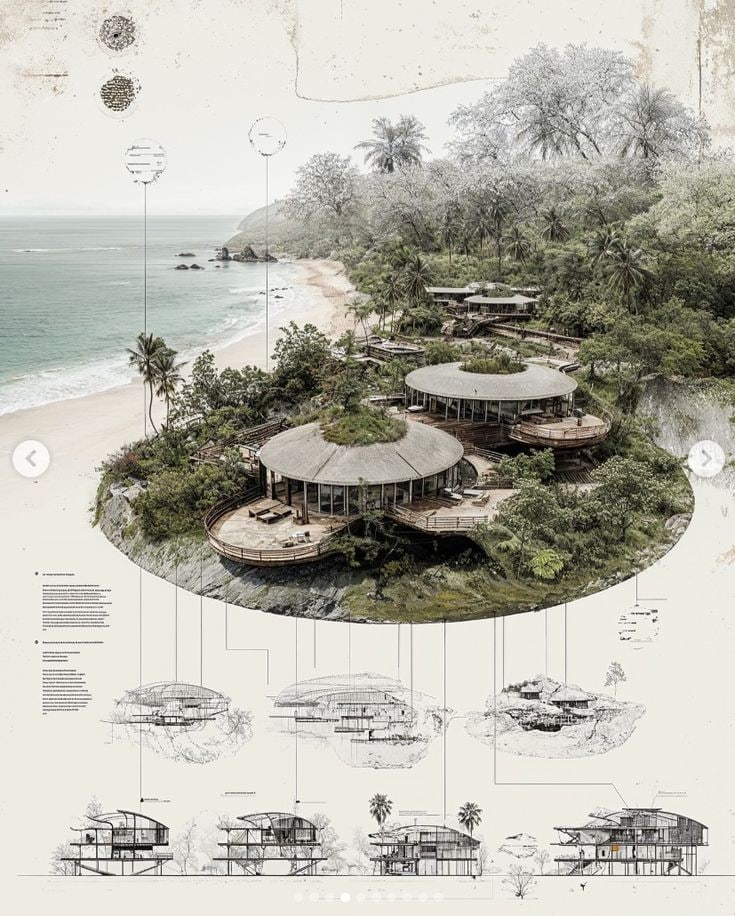 Axonometric study of a green hub campus — terraces, gardens and shared structures