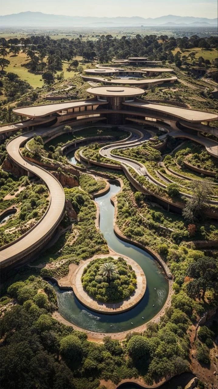 Aerial view of a terraced green landscape threaded with paths — a distributed network of places