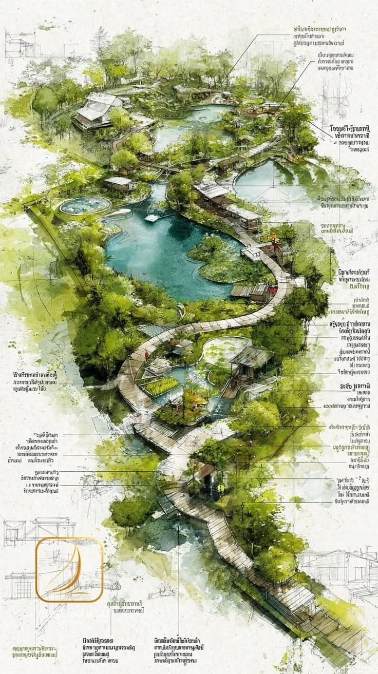 Landscape plan of a near-city hub — winding shared paths through gardens and food systems