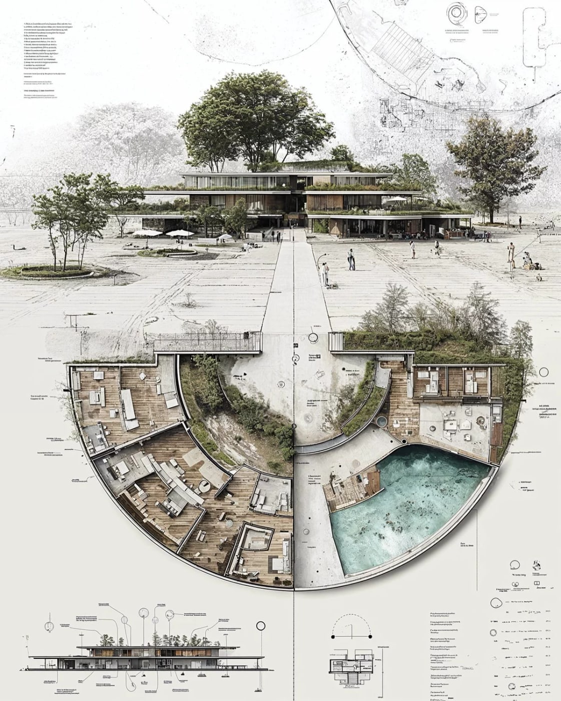 Site plan of an integrated hub campus — the three hub types as one connected system