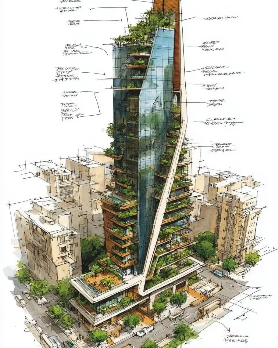 Sectional sketch of a layered green tower